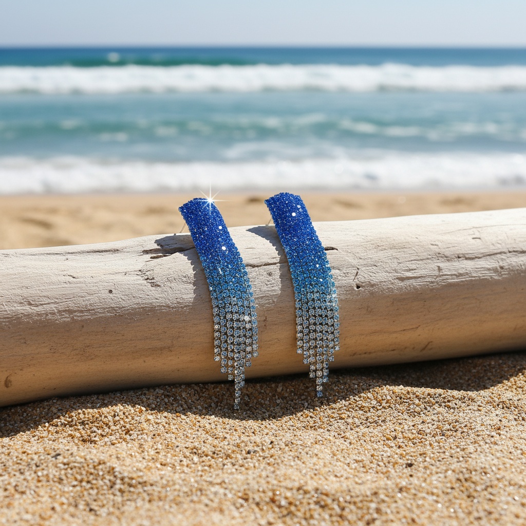 Gradient Color Inlaid Rhinestone Curved Tassel Earrings